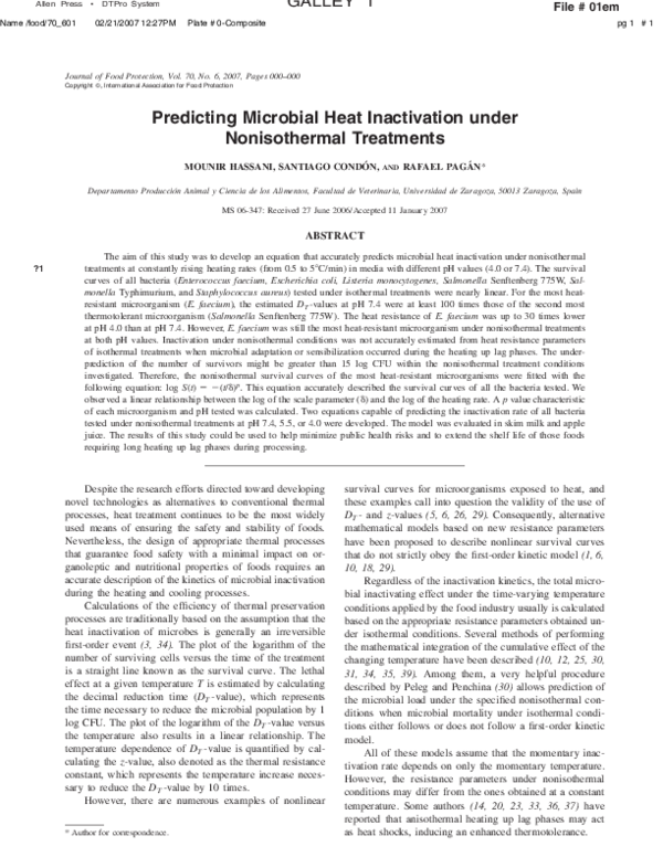 (PDF) Predicting Microbial Heat Inactivation under Nonisothermal Treatments
