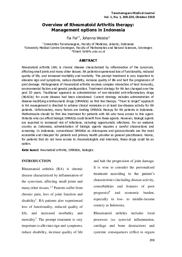 (PDF) Overview of Rheumatoid Arthritis therapy: Management options in ...