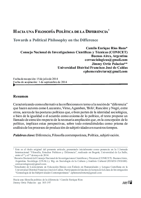 (PDF) Hacia una filosofía política de la diferencia