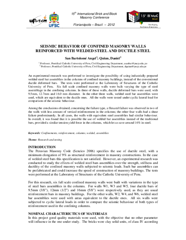 (PDF) Seismic Behavior of Confined Masonry Walls Reinforced with Welded ...