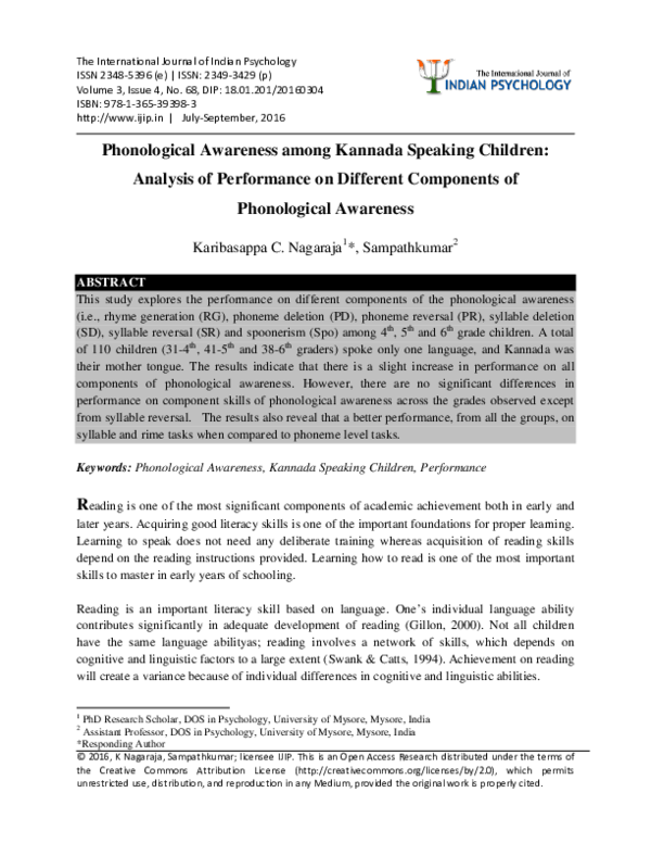 (PDF) Phonological Awareness among Kannada Speaking Children Analysis