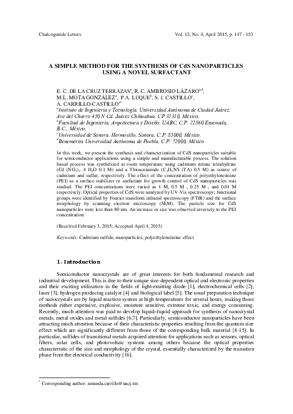 (PDF) A SIMPLE METHOD FOR THE SYNTHESIS OF CdS NANOPARTICLES USING A ...