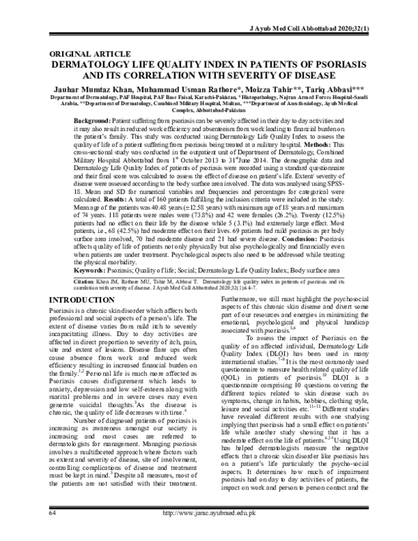 (PDF) Dermatology Life Quality Index In Patients Of Psoriasis And Its ...