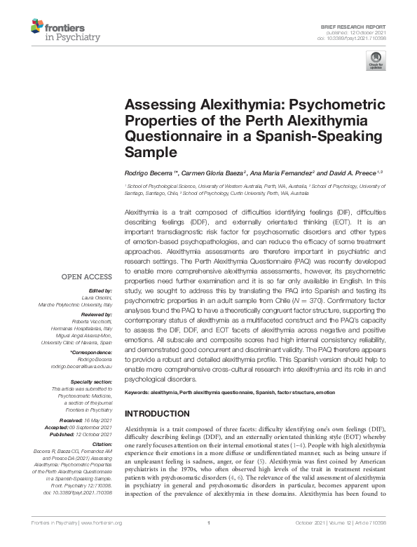 (PDF) Assessing Alexithymia: Psychometric Properties of the Perth ...