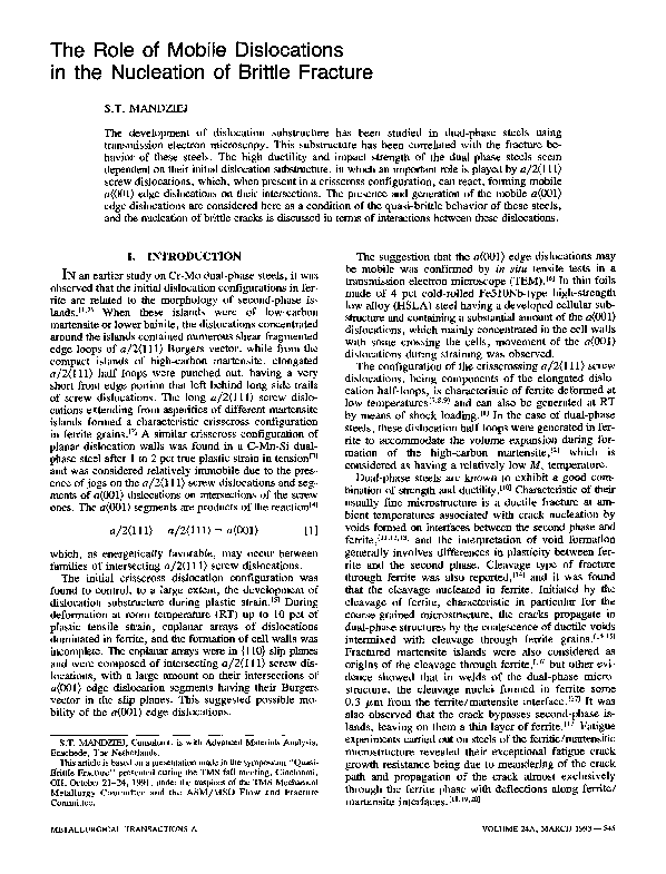 (PDF) The role of mobile dislocations in the nucleation of brittle fracture