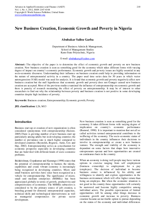 (PDF) New Business Creation, Economic Growth and Poverty in Nigeria