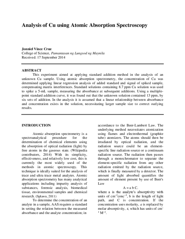 (PDF) Analysis of Cu using Atomic Absorption Spectroscopy