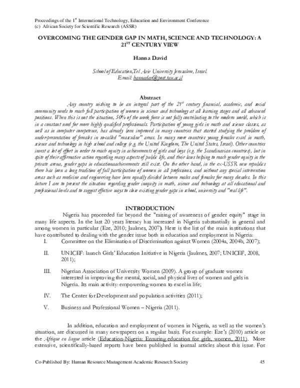 (PDF) Overcoming the Gender Gap in Math, Science and Technology: A 21st ...