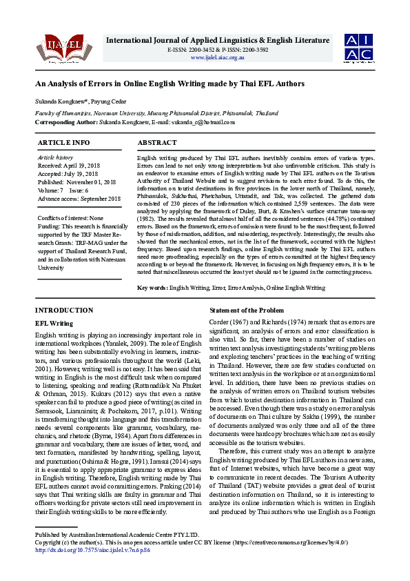 (PDF) An Analysis of Errors in Online English Writing made by Thai EFL ...