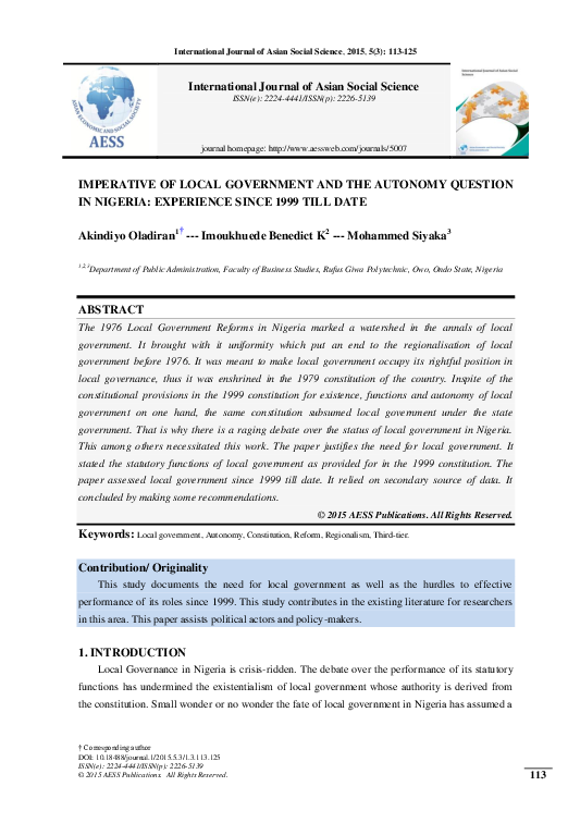(PDF) Imperative of Local Government and the Autonomy Question in ...