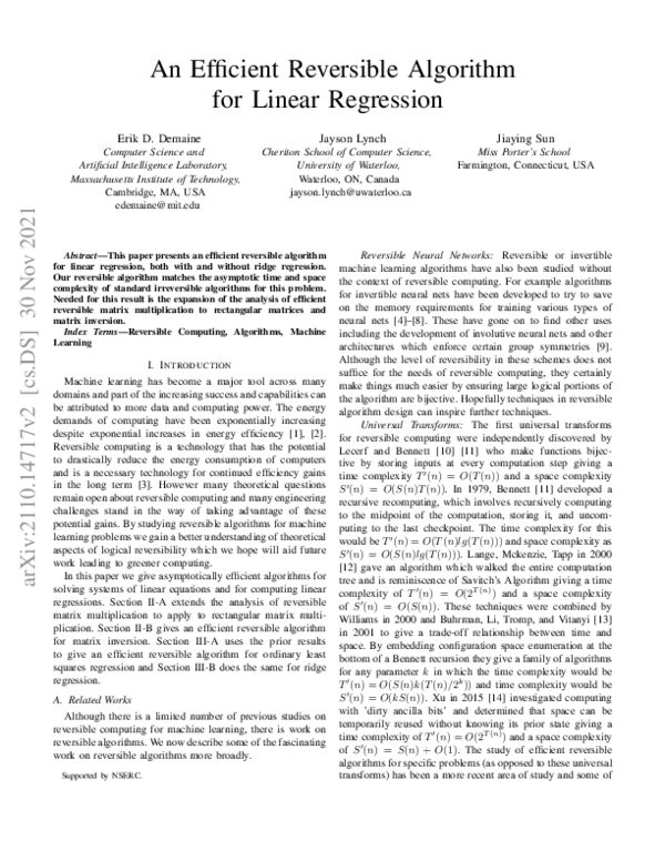 (PDF) An Efficient Reversible Algorithm for Linear Regression