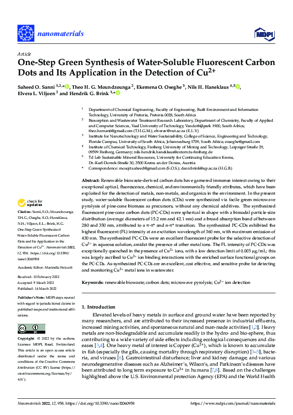 (PDF) One-Step Green Synthesis of Water-Soluble Fluorescent Carbon Dots ...