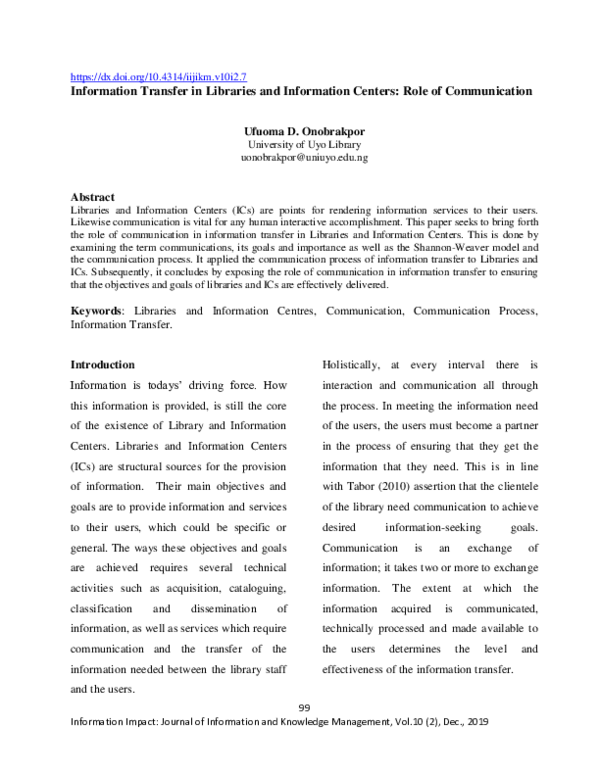 (PDF) Information Transfer in Libraries and Information Centers: Role ...