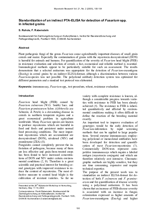 (PDF) Standardization of an indirect PTA-ELISA for detection ofFusarium ...