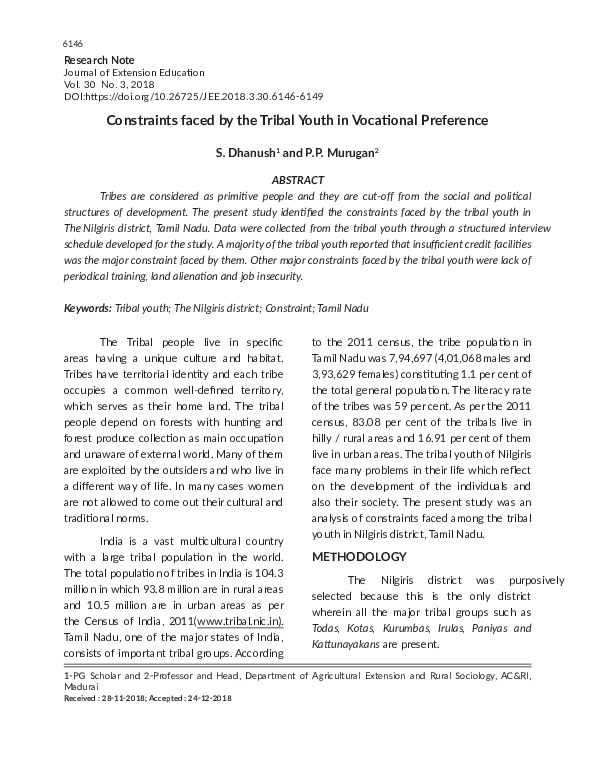 (PDF) Constraints faced by the Tribal Youth in Vocational Preference