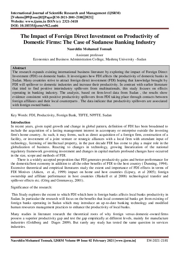 (PDF) The Impact of Foreign Direct Investment on Productivity of ...