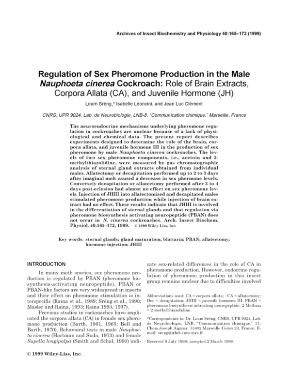 (PDF) Regulation of sex pheromone production in the maleNauphoeta ...