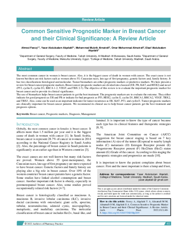(PDF) Common Sensitive Prognostic Marker in Breast Cancer and their ...