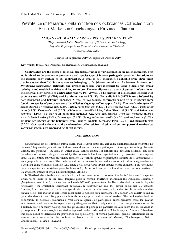 (PDF) Prevalence of Parasitic Contamination of Cockroaches Collected ...