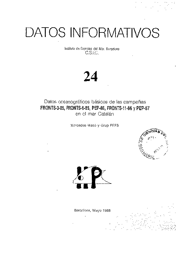 Datos oceanográficos básicos de las campañas FRONTS-3-85, FRONTS-6-85, PEP-86, FRONTS-11-86 y PEP-87 en el mar Catalán