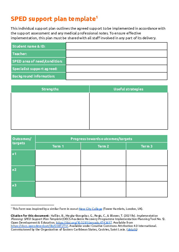(PDF) Implementation Planning: SPED Support Plan Template