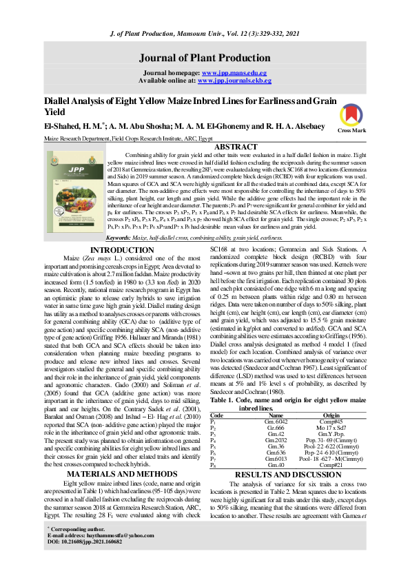 (PDF) Diallel Analysis of Eight Yellow Maize Inbred Lines for Earliness ...