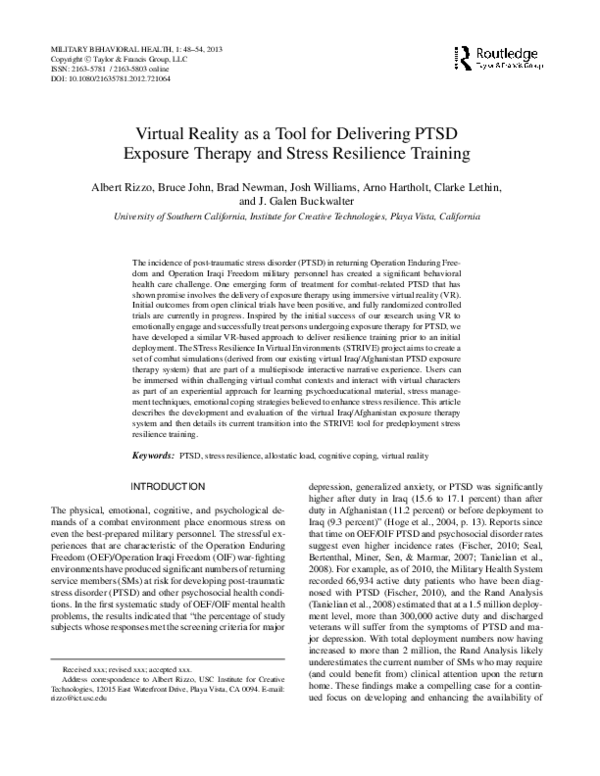 (PDF) Virtual Reality as a Tool for Delivering PTSD Exposure Therapy