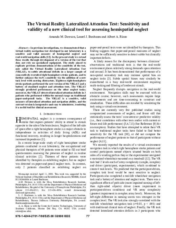 (PDF) The Virtual Reality Lateralized Attention Test: Sensitivity and ...