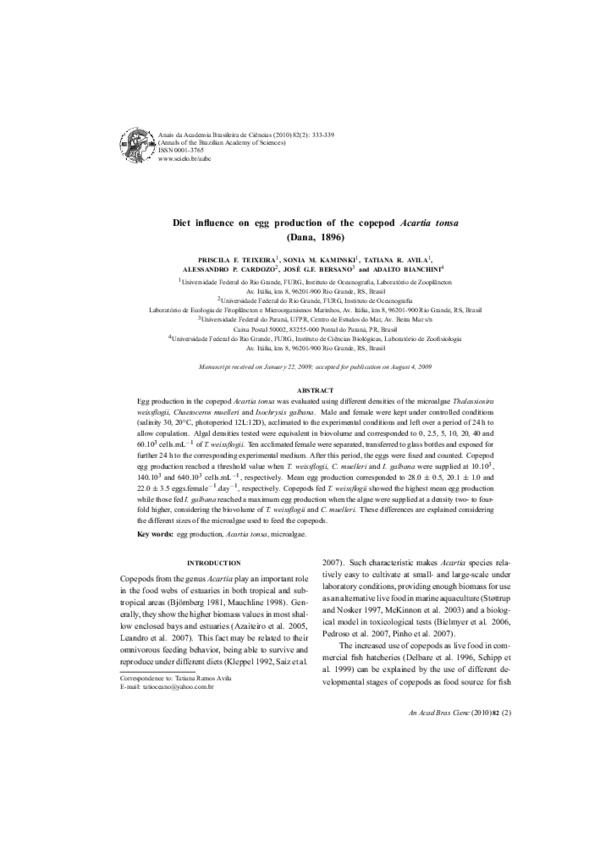 (PDF) Diet influence on egg production of the copepod Acartia tonsa ...