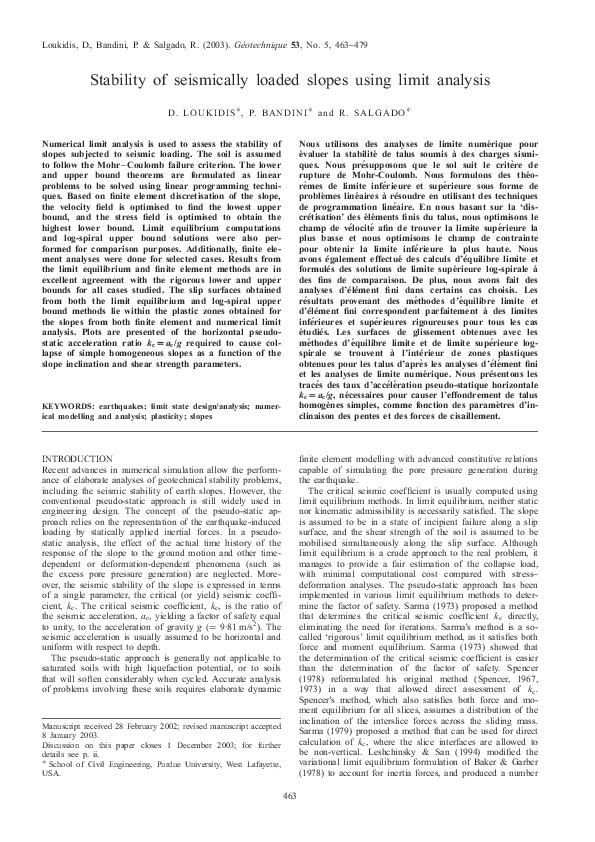 (PDF) Stability of seismically loaded slopes using limit analysis