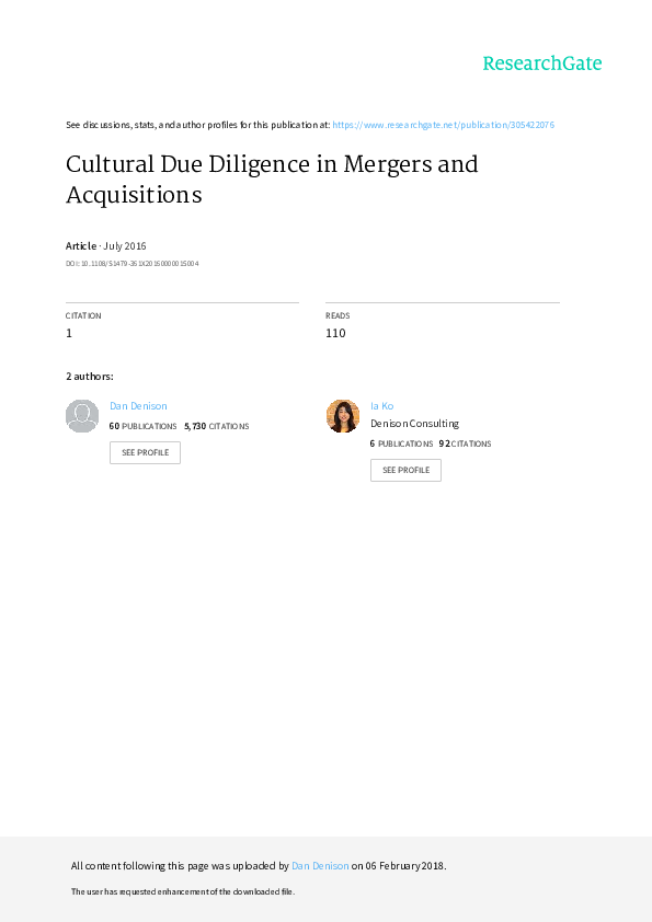 (PDF) Cultural Due Diligence in Mergers and Acquisitions