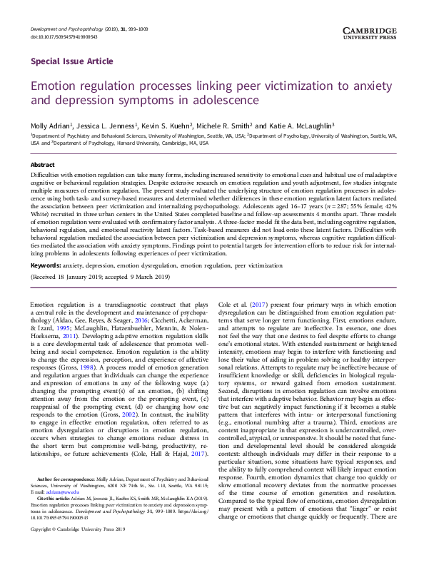 (PDF) Emotion regulation processes linking peer victimization to ...