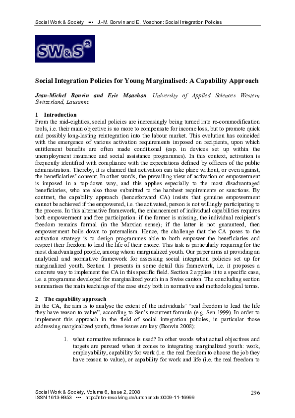 (PDF) Social Integration Policies for Young Marginalised: A Capability ...