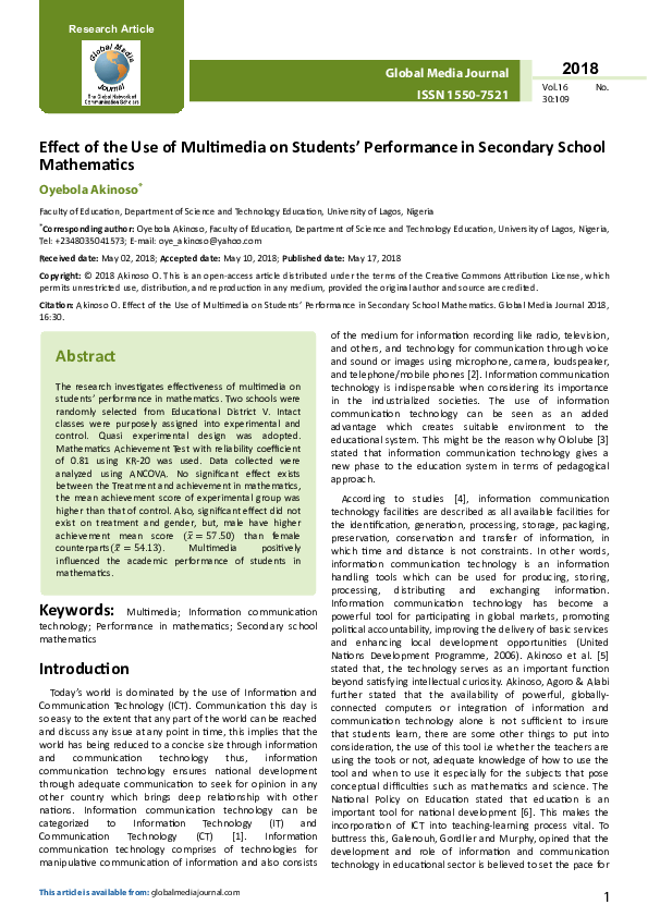 (PDF) Effect of the Use of Multimedia on StudentsÃ¢ÂÂ Performance in ...