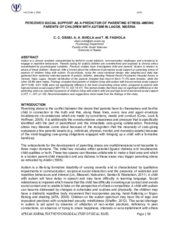 (PDF) Perceived Social Support as a Predictor of Parenting Stress Among ...