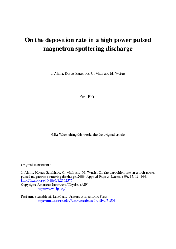 (PDF) On the deposition rate in a high power pulsed magnetron ...