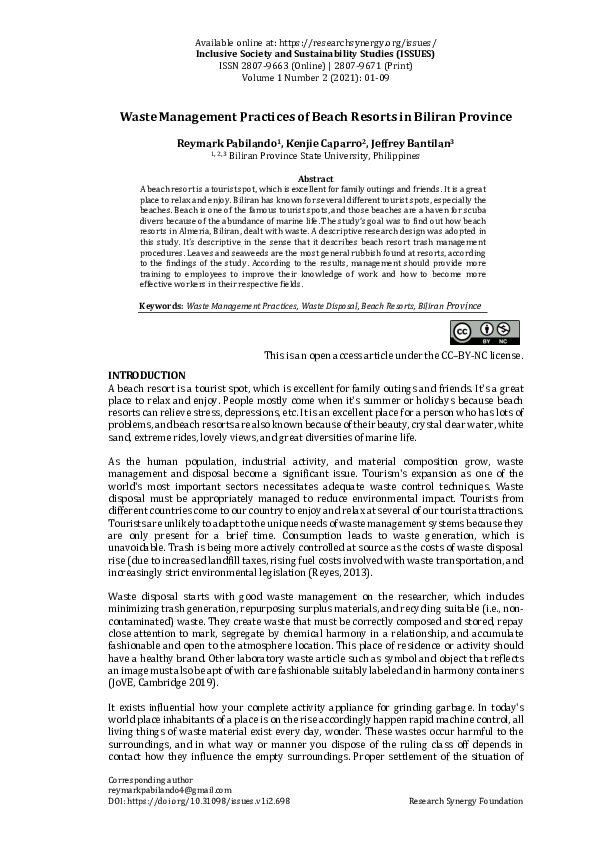 (PDF) Waste Management Practices of Beach Resorts in Biliran Province