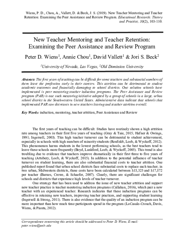(PDF) New Teacher Mentoring and Teacher Retention Examining the Peer ...