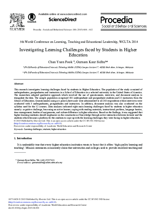 (PDF) Investigating Learning Challenges Faced by Students in Higher ...