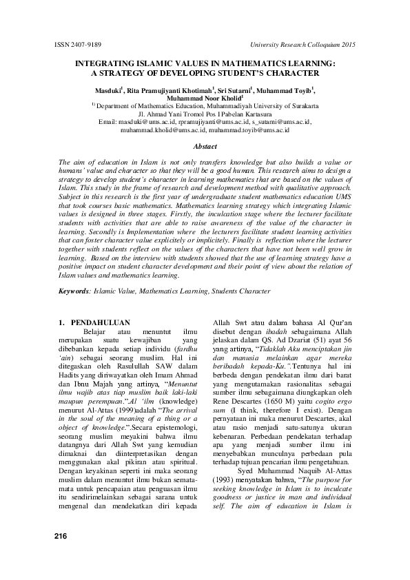 (PDF) Integrating Islamic Values in Mathematics Learning: A Strategy of ...