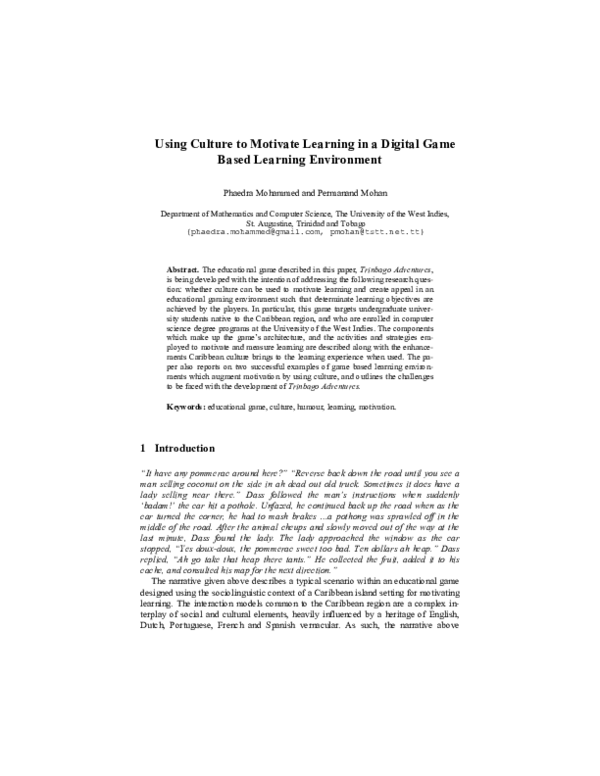 (PDF) Using Culture to Motivate Learning in a Digital Game Based ...