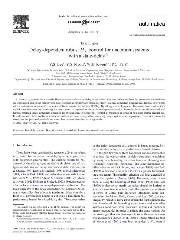 (PDF) Delay-dependent robust H∞ control for uncertain systems with a ...