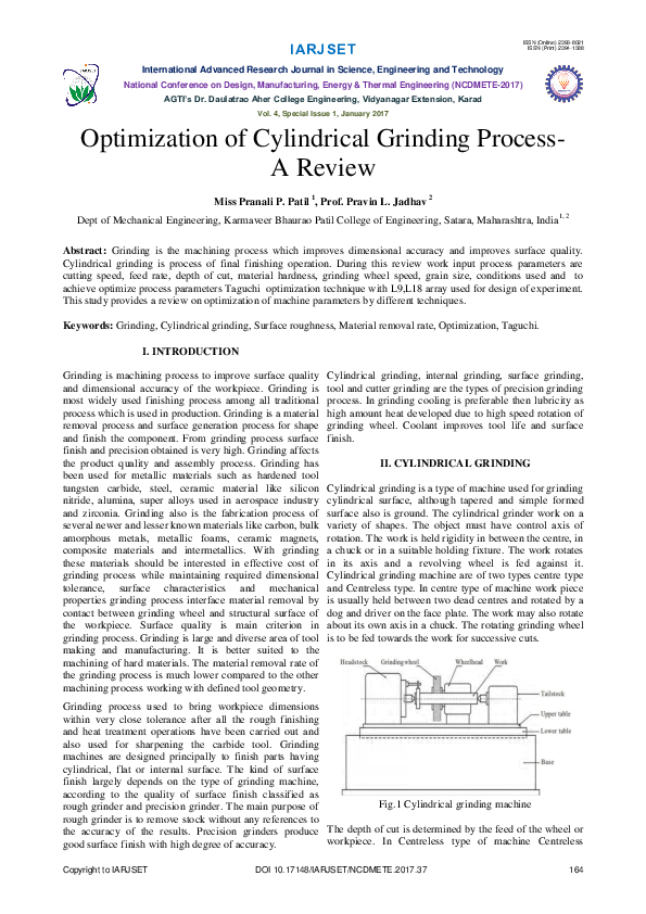 (PDF) Optimization of Cylindrical Grinding Process A Review KIRANKUMAR JAGTAP Academia.edu