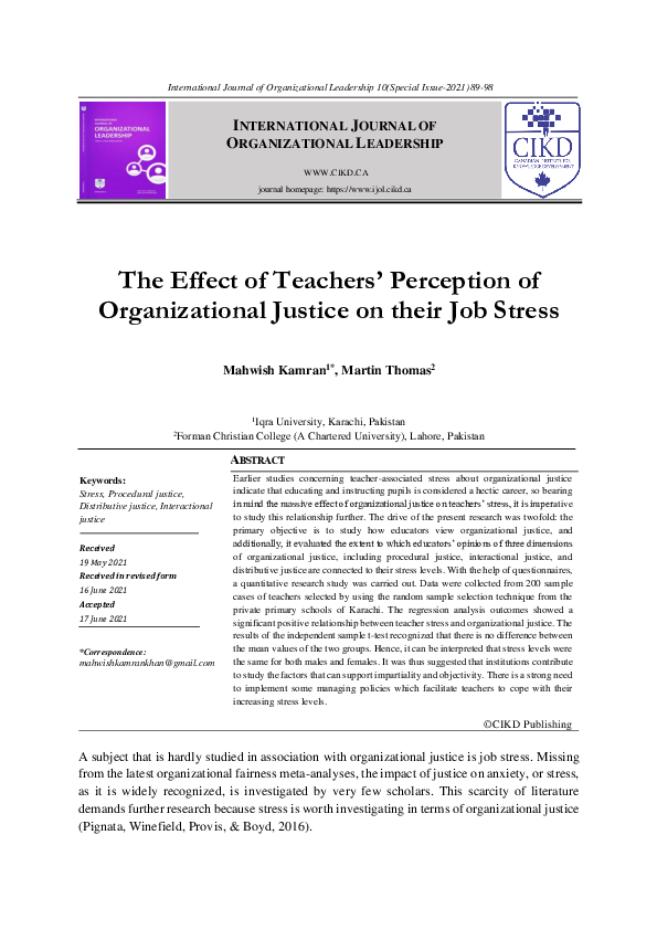 (PDF) The Effect of Teachers’ Perception of Organizational Justice on ...