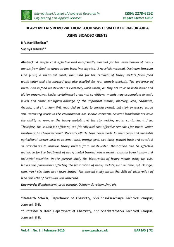 (PDF) Heavy Metals Removal from Food Waste Water of Raipur Area Using ...