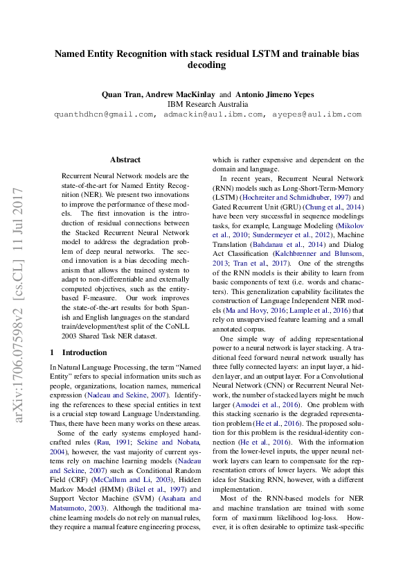 (PDF) Named Entity Recognition with Stack Residual LSTM and Trainable ...