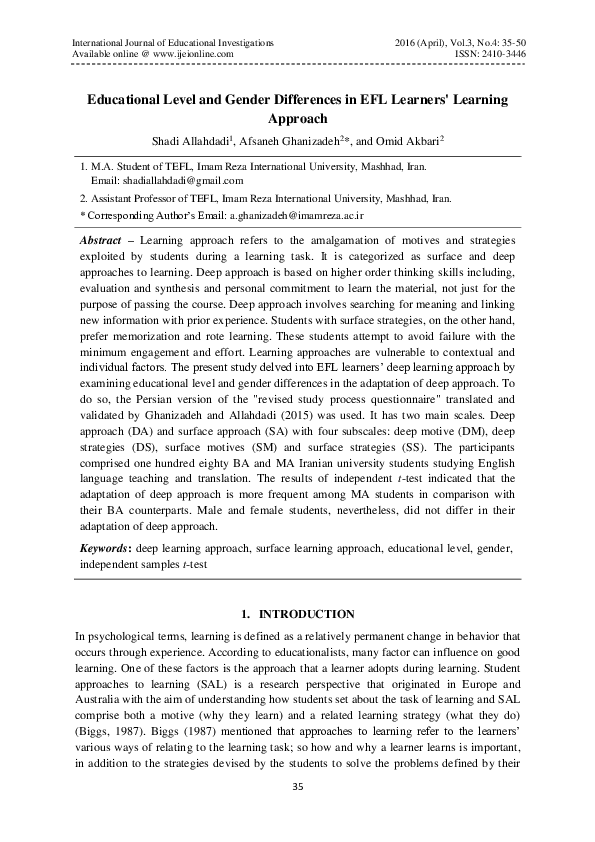 (PDF) Educational Level and Gender Differences in EFL Learners ...