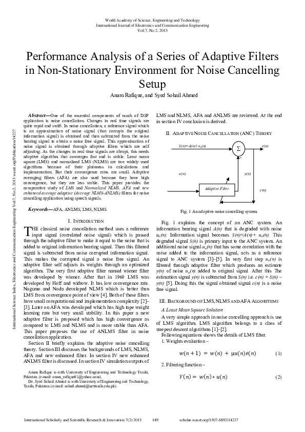 (PDF) Performance Analysis Of A Series Of Adaptive Filters In Non ...
