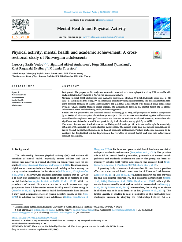 (PDF) Physical activity, mental health and academic achievement: A ...