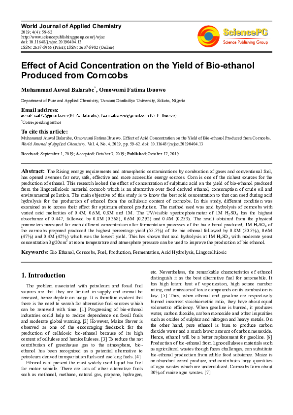 (PDF) Effect of Acid Concentration on the Yield of Bio-ethanol Produced ...